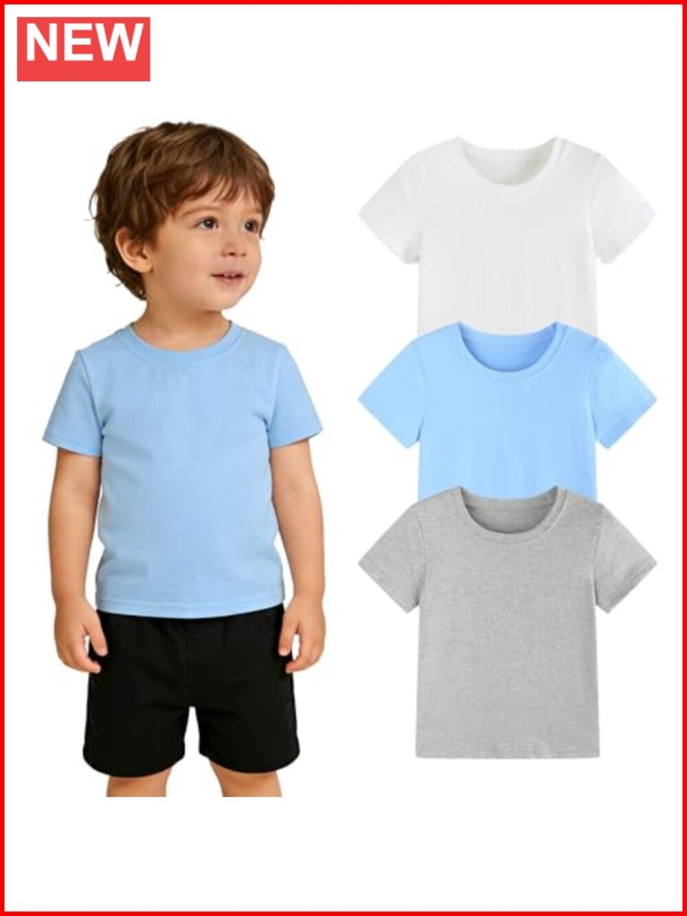 Toddler Boys 3 Pack Short Sleeve Cotton Tees Crew Neck T-Shirts